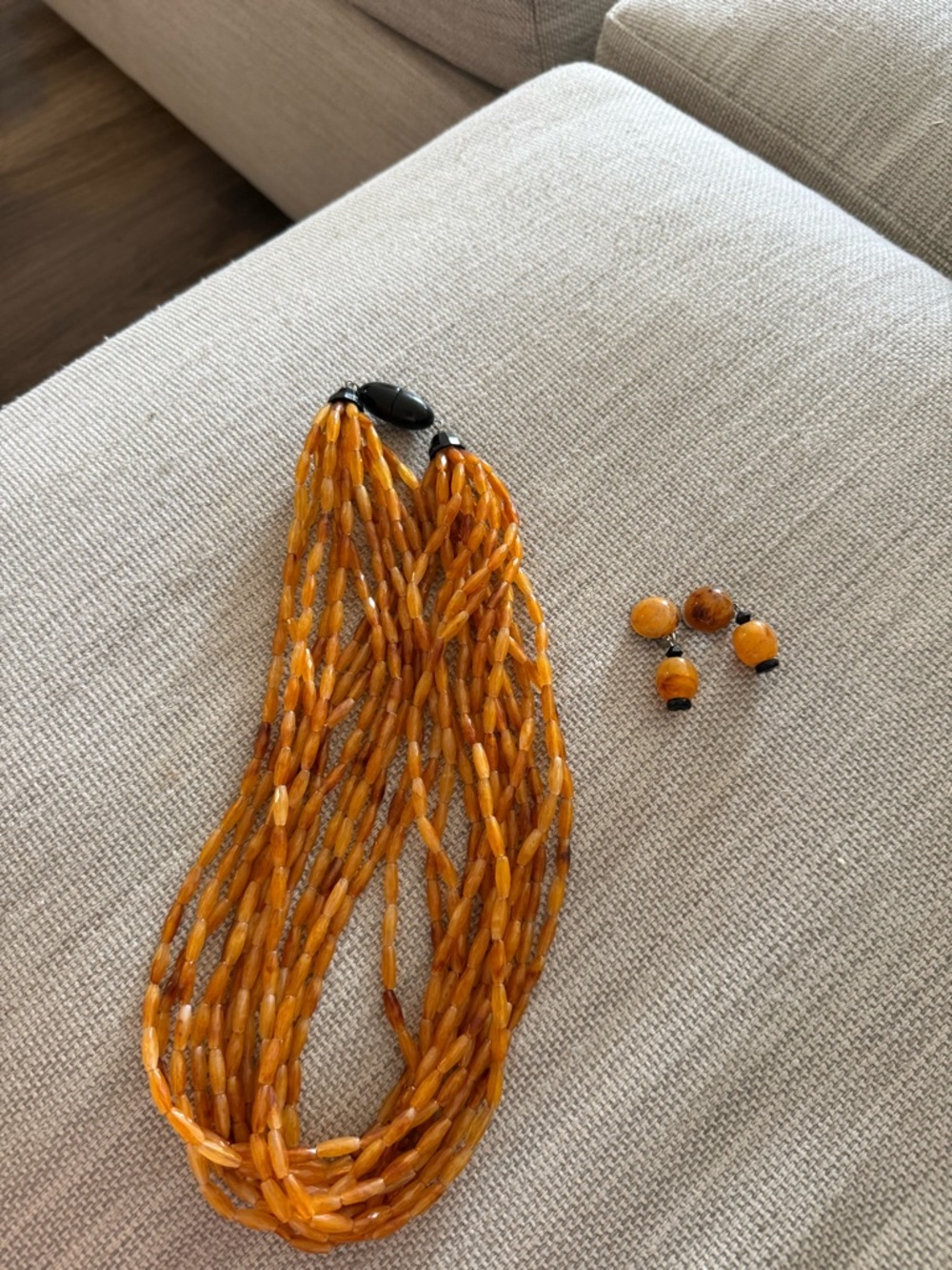 Multi-Strand Amber Bead Necklace with Matching Earrings - Honey Yellow